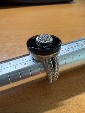 Judith Ripka silver, onyx, and CZ ring, size 7.